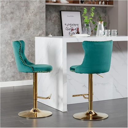Golden Swivel Velvet Barstools Adjusatble Seat Height from 25-33 Inch,Modern Upholstered Bar Stools with Backs Comfortable Tufted for Home Pub and Kitchen Island,Green,Set of 2,for Living Room