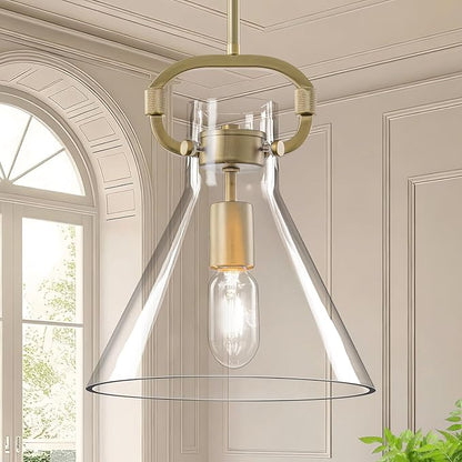 Glass Pendant Lights Kitchen Island 9.8",Matte Gold Island Pendant Lights 1 Light Modern Pendant Hanging Lamps with Funnel Glass Shade for Kitchen over Dining Table,E26 Base,Adjustable Height,Dimmable