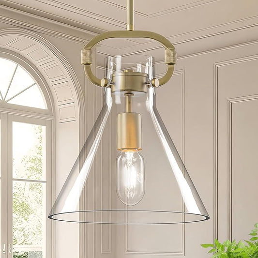 Glass Pendant Lights Kitchen Island 9.8",Matte Gold Island Pendant Lights 1 Light Modern Pendant Hanging Lamps with Funnel Glass Shade for Kitchen over Dining Table,E26 Base,Adjustable Height,Dimmable