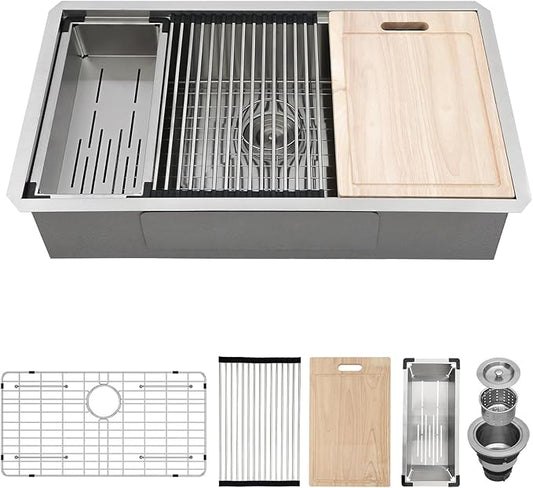 33 Undermount Kitchen Sink Stainless Steel 16 Gauge 33x19x9 Inch Ledge Workstation Single Bowl Kitchen Sink with Round Corners Under Counter Basin