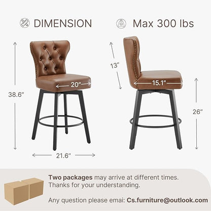 KISLOT Counter Height Barstools 26 inch Upholstered Button Tufted Swivel Bar Stools with Back for Kitchen Island,Set of 2,Brown PU Leather