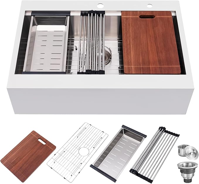 33 Farmhouse Sink, Drop In Stainless Steel Apron Front Farm Sink 33x22x9 Single Bowl 16 Gauge with Accessories
