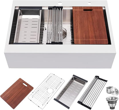 33 Farmhouse Sink, Drop In Stainless Steel Apron Front Farm Sink 33x22x9 Single Bowl 16 Gauge with Accessories