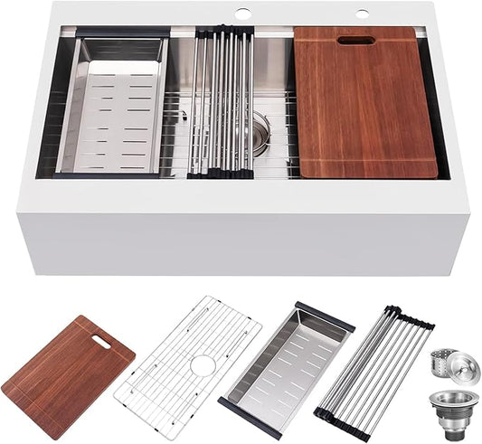 33 Farmhouse Sink, Drop In Stainless Steel Apron Front Farm Sink 33x22x9 Single Bowl 16 Gauge with Accessories
