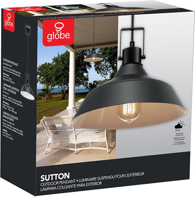 GLOBE Electric 44476 1-Light Indoor/Outdoor Pendant Light, Matte Black Finish, Textured Socket Detail, Adjustable Hanging Height, E26 Base, Modern Farmhouse Style