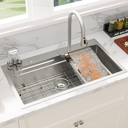 Sarlai Waterfall Kitchen Sink - 33 Inch Drop In Workstation Sink With Waterfall Stainless Steel 16 Gauge Multifunction Single Bowl Smart Top Mount Kitchen Sinks with Mechanical Keys 33x19x9 Inch