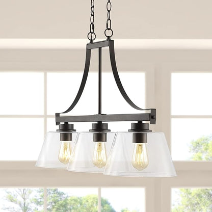 JONATHAN Y 36" Oil Rubbed Bronze 3-Light Iron and Glass Linear Pendant Light, Industrial Farmhouse Fixture for Kitchen Island Dining Room, UL Listed, LED Bulbs Included JYL7590A