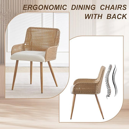 Rattan Dining Chairs,Upholstered Boucle Fabric Dining Chairs with Armrest and PE Cane Backrest, Mid Century Modern Dining Room Chairs with Metal Legs for Kitchen Island,Set of 2