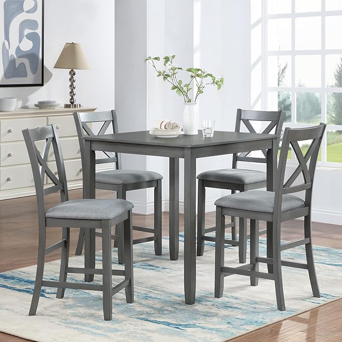 Set of 4 Dining Chairs, Wooden Kitchen Chairs with Padded Cushion, Upholstered Stools for Kitchen Island, Dining Room, Living Room, Easy Assembly (Gray - X-Shaped backrest)