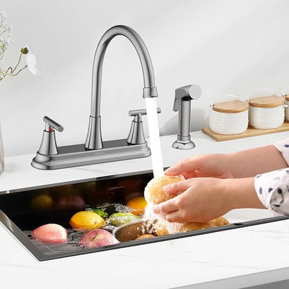 HURRAN 2-Handle Kitchen Faucet with Pull-Out Side Sprayer, 8 Inch High Arch Stainless Steel 360°Rotating Kitchen Sink Faucet, 4 Hole Faucet for Kitchen Bar Rv Camper, Nickel