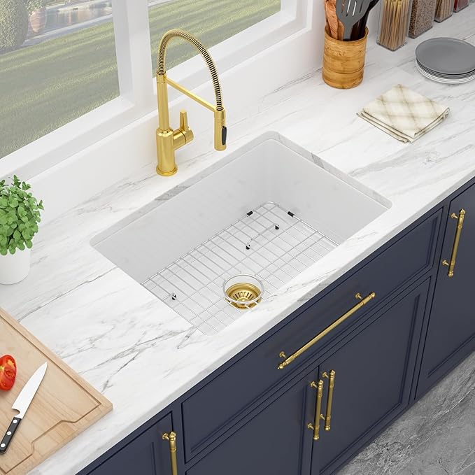 Kichae 27 Inch White Undermount Sink Fireclay 27x19 Inch Dual Drop in & Undermount Kitchen Sink Single Bowl Deep Porcelain Ceramic