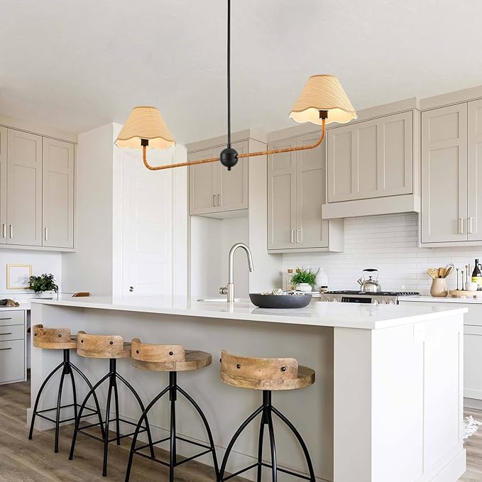 VILUXY 2-Light Linear Chandelier Kitchen Island Lighting Fixture with Rattan Shade 47’’ Farmhouse Linear Light Fixture for Dining Room, UL Listed