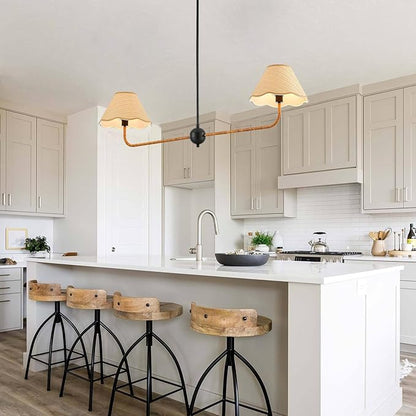 VILUXY 2-Light Linear Chandelier Kitchen Island Lighting Fixture with Rattan Shade 47’’ Farmhouse Linear Light Fixture for Dining Room, UL Listed