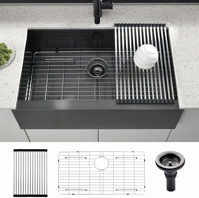 30x20 Black Undermount Farm House Sink, Gabhar 30 Inch 16Gauge Black Stainless Steel Single Bowl Apron Front Farmer Kitchen Sink