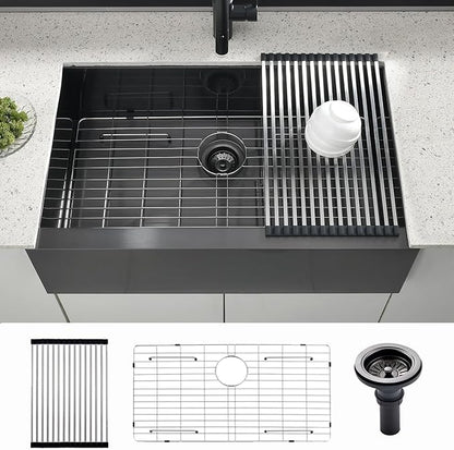 30x20 Black Undermount Farm House Sink, Gabhar 30 Inch 16Gauge Black Stainless Steel Single Bowl Apron Front Farmer Kitchen Sink