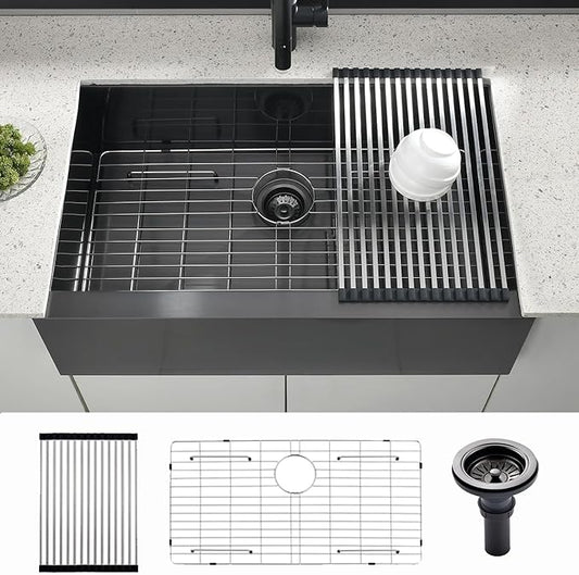 33x20 Black Undermount Farmhouse Sink, Gabhar 33 Inch 16Gauge Black Stainless Steel Undermount Farmhouse Sink Flat Apron Front Kitchen Sinks