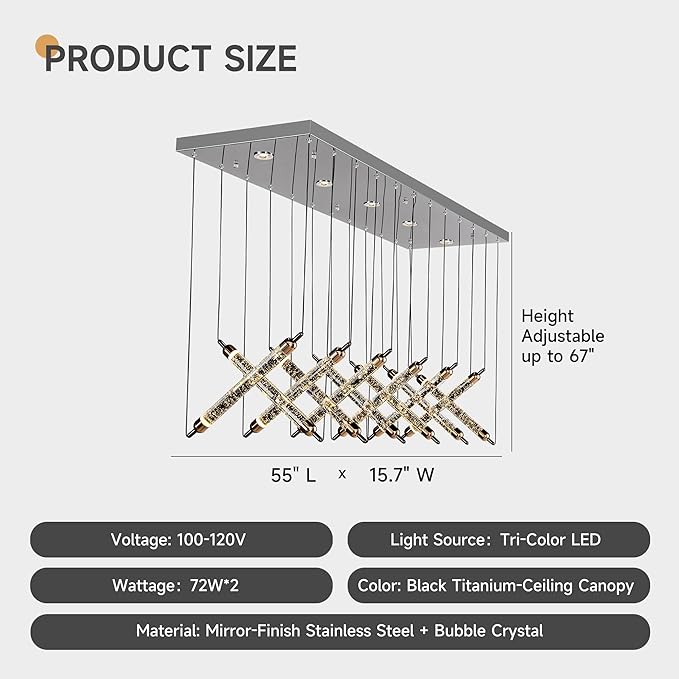 55" LED Rectangular Crystal Chandeliers for Dining Room, Modern Rectangle Crystal Chandelier, Luxury, Dimmable LED with Remote, for Kitchen Island, Dining Room