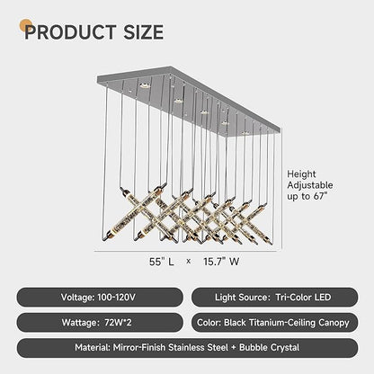 55" LED Rectangular Crystal Chandeliers for Dining Room, Modern Rectangle Crystal Chandelier, Luxury, Dimmable LED with Remote, for Kitchen Island, Dining Room