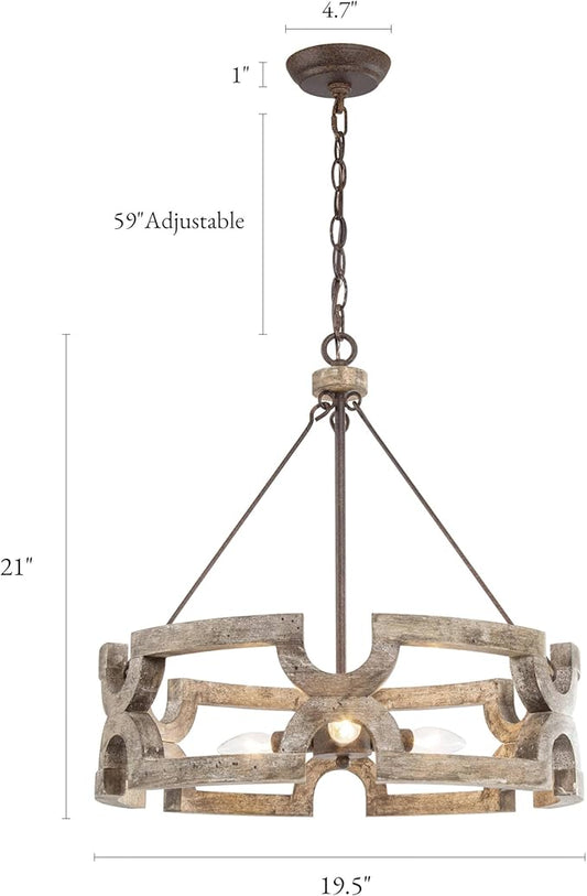 LOG BARN Farmhouse Chandelier, 3-Light Wood Drum Pendant Lights Kitchen Island, 19.5'' Rustic Chandeliers Hanging Light Fixtures for Dining Room Bedrooms Living Room Entryway Foyer
