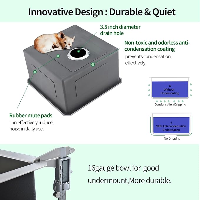 Undermount Kitchen Sink, 21 x 18 x 10 Inch Single Bowl Sink 16 Gauge T-304 Stainless Steel Kitchen Sinks with Accessories