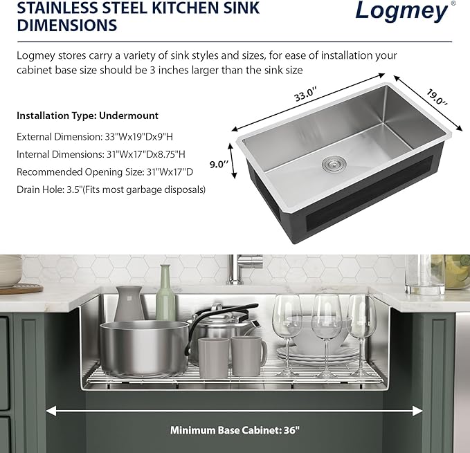 Logmey 33 Inch Undermount Kitchen Sink 33x19 Stainless Steel Sinks SUS304 16 Gauge Handmade Single Bowl Sinks With Round Corners 33x19x9