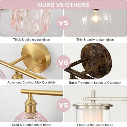 Gold Bathroom Light Fixtures Over Mirror, 3 Light Bathroom Vanity Light Fixture with Tulip Pink Glass Lampshade, Vintage Vanity Lights for Bathroom, Bathroom Vanity Lights Over Mirror