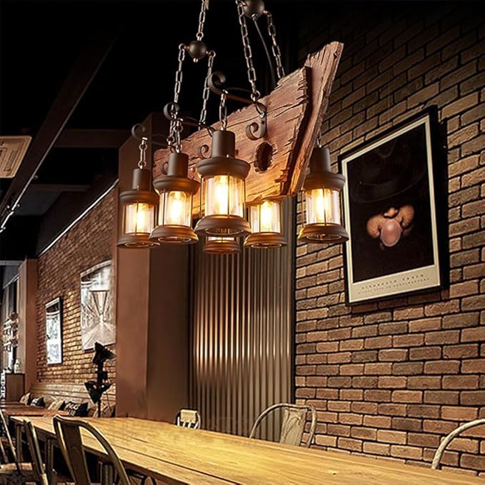 A Million Industrial Wooden Pendant Light, Vintage Retro Hanging Chandelier 6 E26 Bulb Sockets for Farmhouse Kitchen Island Bar Retro Ceiling Light Height Adjustable Fixture