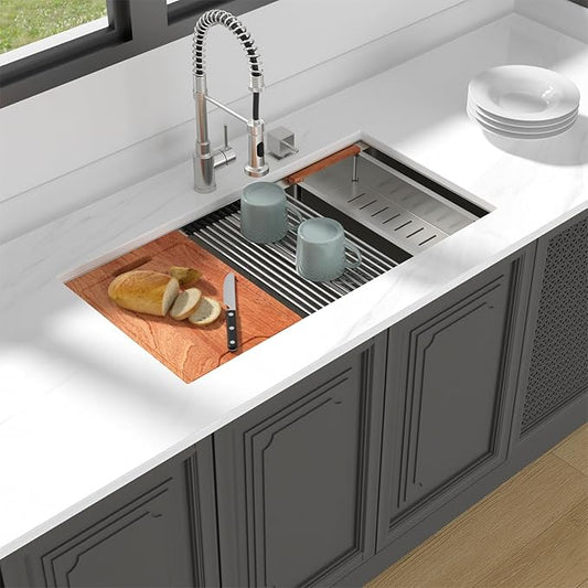 Lordear 36 Inch Double Bowl Kitchen Sink Ledge Workstation Sinks Double Bowl 60/40 Low Divide 16 Gauge Stainless Steel 36x19 Inch Undermount Kitchen Sinks