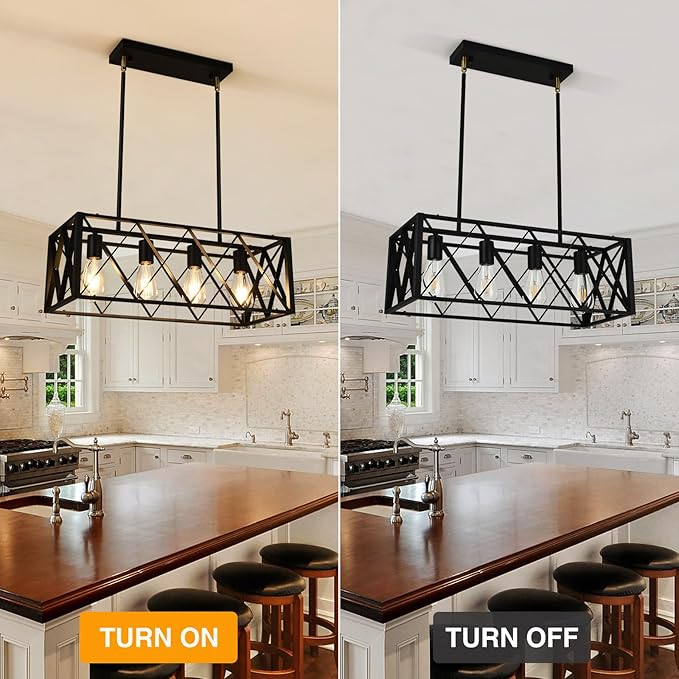 Black Farmhouse Chandeliers for Dining Room Light Fixture Rectangle Kitchen Island Pendant Lighting 4-Light Metal Industrial Linear Chandelier for Kitchen Island