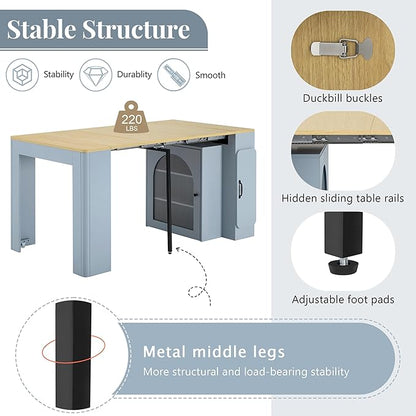 15.6"-59" L x 32.7” W Extendable Dining Table with 3 Removable Middle Leaves Arched Glass Door Power Outlet USB Ports Leveling Feet MDF Kitchen Island Bar Table for Small Spaces Grey-Blue,Natural