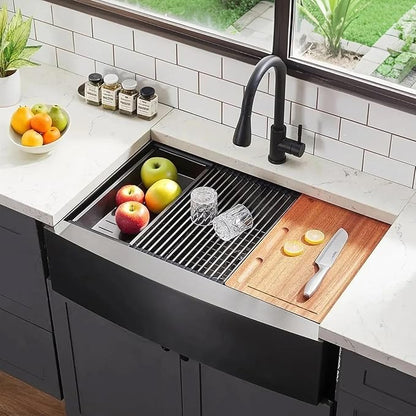 Friho Black Farmhouse Sink, 33 Inch Farmhouse Kitchen Sink Workstation 16 Gauge Stainless Steel 9 Inch Deep Single Bowl Farm Sink with Accessories
