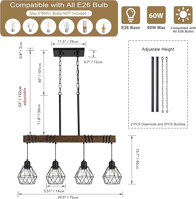 29.5 ‘’ 4-Light Kitchen Chandeliers Over Table, Farmhouse Black Dining Room Light Fixture, Linear Rustic Wood Ceiling Pendant Island Light Fixtures with Metal Lampshade, Height Adjustable