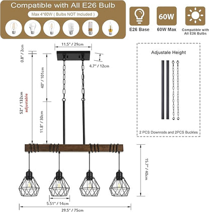 29.5 ‘’ 4-Light Kitchen Chandeliers Over Table, Farmhouse Black Dining Room Light Fixture, Linear Rustic Wood Ceiling Pendant Island Light Fixtures with Metal Lampshade, Height Adjustable