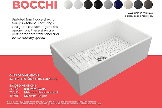 BOCCHI Contempo Farmhouse Apron Front Fireclay 33 in. Single Bowl Kitchen Sink with Protective Bottom Grid and Strainer in Matte White
