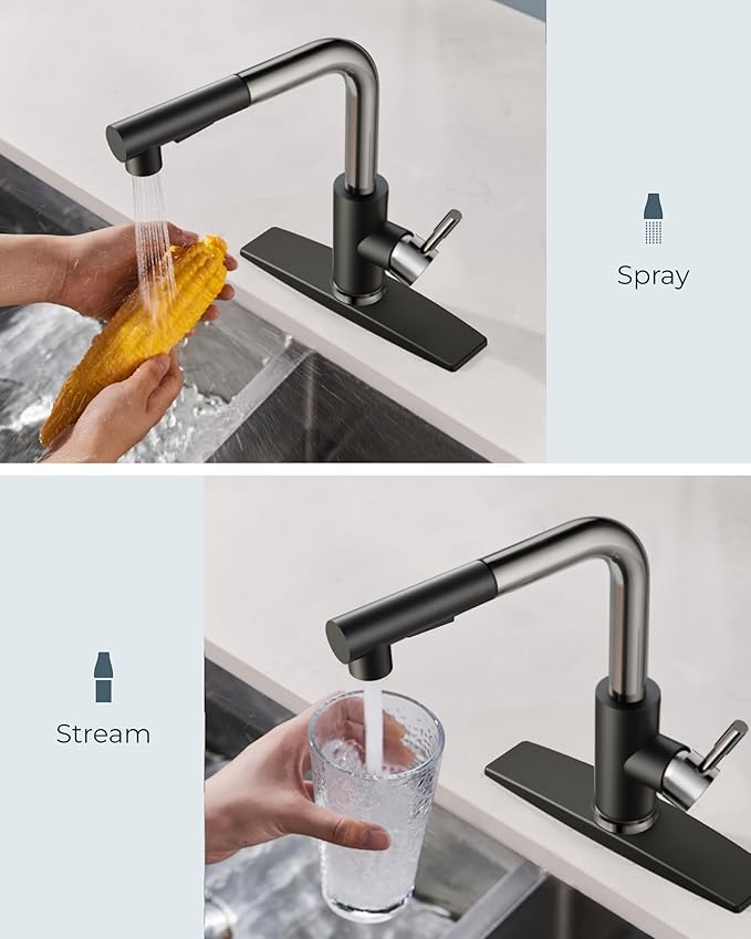 FORIOUS Kitchen Faucets with Pull Down Sprayer, Stainless Steel Single Handle Classic Pull Out Sink Faucet for Farmhouse Laundry RV Bar, with Deck Plate for 1 or 3 Holes, Black Chrome