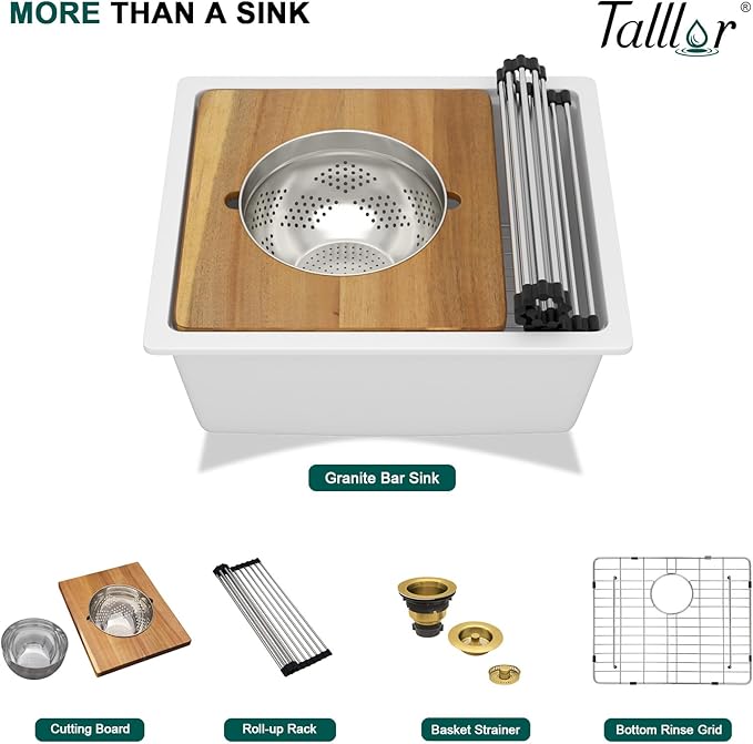 21"x18" Undermount Bar Sink Workstation - 21 Inch Granite Composite White Quartz Classic Single Bowl Under Counter Small Prep Rv Sink All-In One #TLGU-139