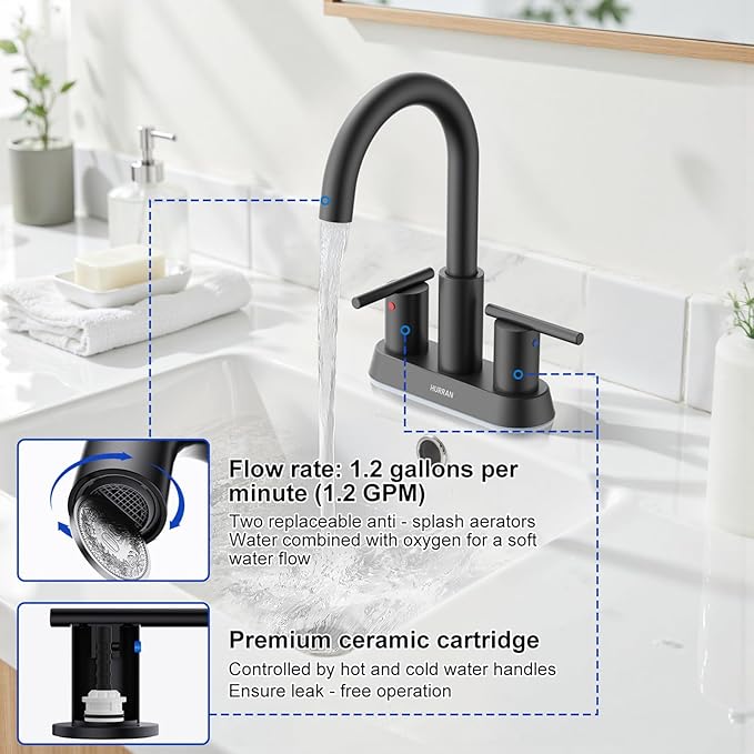 Hurran 4 Inch Bathroom Faucet for Sink 3 Hole, Matte Black Bathroom Faucet with Pop-up Drain and 2 Supply Hoses,Stainless Steel Lead-Free 2-Handle Centerset Faucet for Sink Vanity RV
