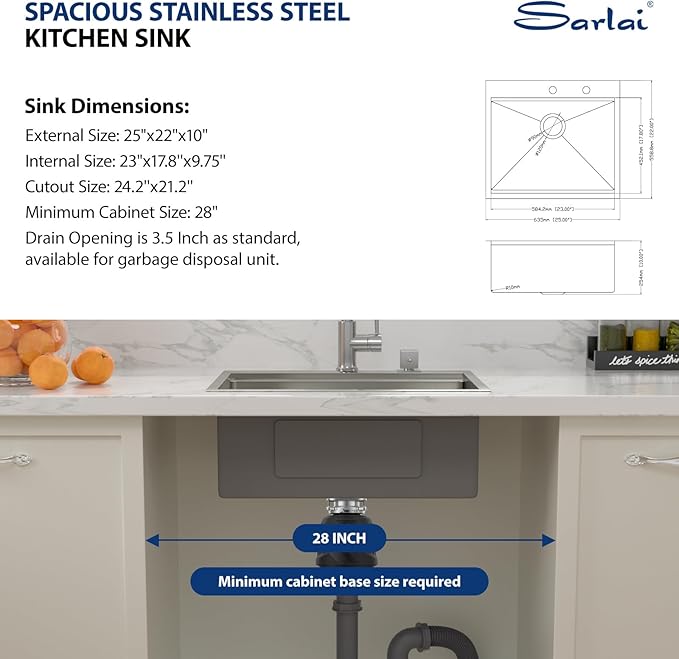 Sarlai 25 Kitchen Sink Drop-In Workstation - 25 x 22 Inch Topmount Ledge Stainless Steel 16 Gauge Single Bowl Over Counter for Kitchen, Laundry, Utility Room