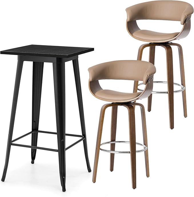 Glitzhome Bar Table and Chairs, Brown PU Leather Adjustable Swivel Bar Stools Set of 2, Square Black Cocktail Pub Table for Kitchen Island Bistro Office Living Room Dining Room Small Space
