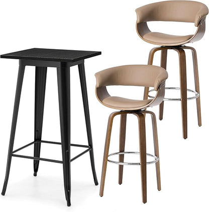 Glitzhome Bar Table and Chairs, Brown PU Leather Adjustable Swivel Bar Stools Set of 2, Square Black Cocktail Pub Table for Kitchen Island Bistro Office Living Room Dining Room Small Space