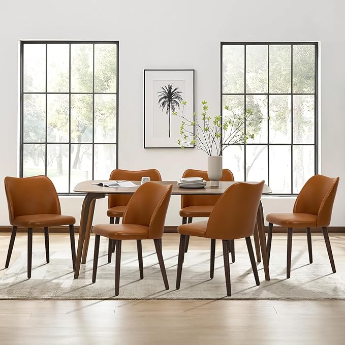 COLAMY Upholstered Dining Chairs Set of 6, Modern PU Leather Dining Room Kitchen Side Chair with Padded Seat and Wood Legs Restaurant/Cafe,Light Brown