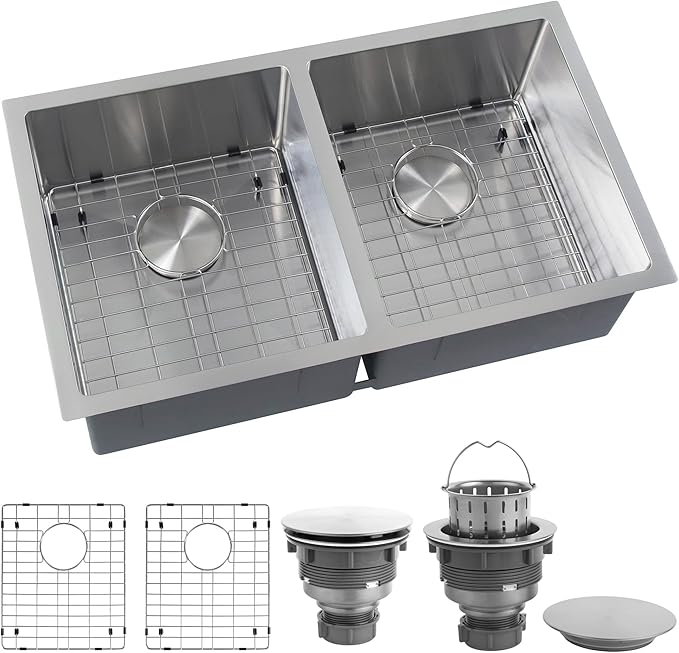 Rhbamoa Double Bowl Kitchen Sink Undermount 31 inch,16-Gauge T304 Undermount Kitchen Sink Stainless Steel,50/50 Stainless Steel Double Sinks with Accessories,Deep Sinks with Brushed Finish