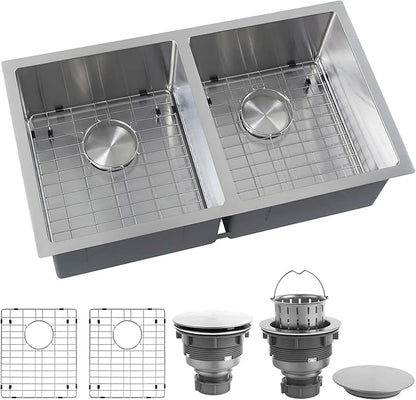 Rhbamoa Double Bowl Kitchen Sink Undermount 31 inch,16-Gauge T304 Undermount Kitchen Sink Stainless Steel,50/50 Stainless Steel Double Sinks with Accessories,Deep Sinks with Brushed Finish