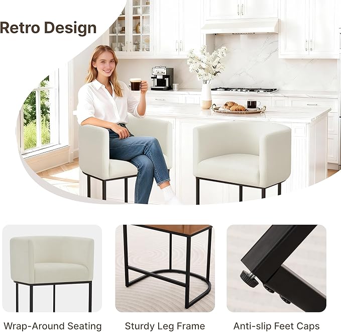 24" Counter Height Bar Stools Set of 4, Modern Barrel Counter Stools with Backrest and Arms, Fabric Upholstered Accent Barstools with Metal Legs for Kitchen Island,Ivory