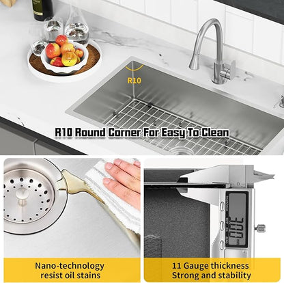 33x19 Inch Stainless Steel Kitchen Sink-Undermount Single Bowl Drop In Kitchen Sink Stylish And Modern Look Come With Bottom Grid,Silicon Mat And Drain Assembly Add Elegance & Enhance Usability