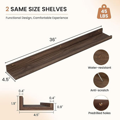 Dreamland Picture Ledge Shelf for Wall, Floating Shelves Set of 2, 36 Inch Long Floating Shelves with Lip for Living Room, Bedroom, Bathroom, Kitchen, Walnut