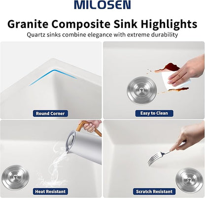 MILOSEN White Undermount Kitchen Sink, 28×18 inch White Granite Composite Kitchen Sinks, 9'' Depth Deep and Large Quartz Sink with Accessories, Pure White Single Bowl Large Capacity Basin for Kitchen