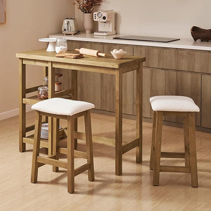 mopio Kelly Solid Wood Counter Table Set with 2 Boucle Stools, 3-Piece Small Dining Kitchen Island Table Set for 2, with Storage Shelves, for Living Room, Dining Room, Kitchen