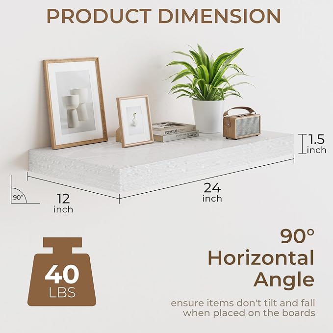 RICHFOCUS Deep Floating Shelves for Wall 2 Pack 12" D 24 Inch Wall Shelves for Room Wall|Wood Hanging Shelf with Invisible Brackets for Bathroom Bedroom Kitchen Laundry Room, White