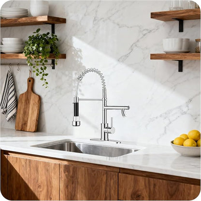 LED Kitchen Faucet with Pull Down Sprayer - Chrome Single Handle Commercial Kitchen Faucets, 2-Spout Kitchen Sink Faucet, Stainless Steel Spring Pull Out Sink Faucet 1/3 Hole